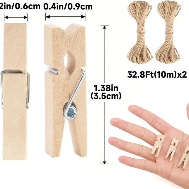 Mini Clothespins with String - 100Pcs Small Wooden Clothes Pins, Natural Brown Photo Hanging Clips, Craft Clips for Picture, Cocktails Decor, Baby Shower, Wedding.