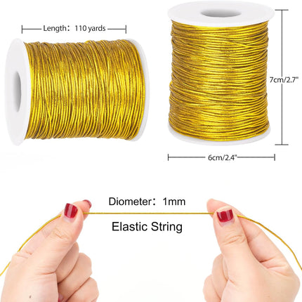 110 Yards Gold Elastic Cord - 1MM Metallic Tinsel String, Jewelry Braided Thread Stretch Gift Wrapping Cords for Bracelet Making, DIY Crafts, Christmas Decor.