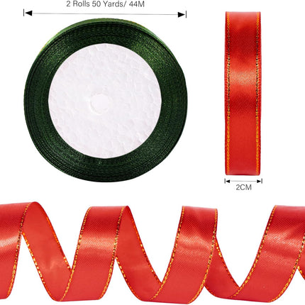 Christmas Ribbon 3/4 Inch x 50 Yards Gift Ribbon, Red and Green Polyester Satin Ribbon with Gold Edge for Holiday Present Package, Wedding Gift Wrapping, Handmade Crafts, Xmas Decoration.