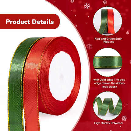 Christmas Ribbon 3/4 Inch x 50 Yards Gift Ribbon, Red and Green Polyester Satin Ribbon with Gold Edge for Holiday Present Package, Wedding Gift Wrapping, Handmade Crafts, Xmas Decoration.