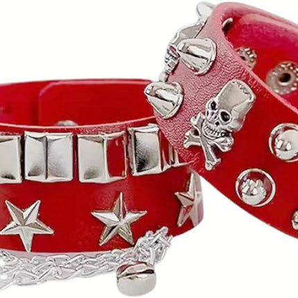 2-Piece Punk Rock Bracelet Set Studded Leather Cuff Bracelets with Metal Skull Adjustable Wrap Wrist Cuffs Vintage 80s Emo Goth Jewelry Accessories for Halloween Concerts and Festival Outfit.