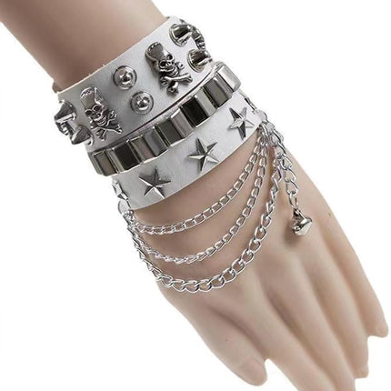 2-Piece Punk Rock Bracelet Set Studded Leather Cuff Bracelets with Metal Skull Adjustable Wrap Wrist Cuffs Vintage 80s Emo Goth Jewelry Accessories for Halloween Concerts and Festival Outfit.