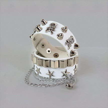 2-Piece Punk Rock Bracelet Set Studded Leather Cuff Bracelets with Metal Skull Adjustable Wrap Wrist Cuffs Vintage 80s Emo Goth Jewelry Accessories for Halloween Concerts and Festival Outfit.