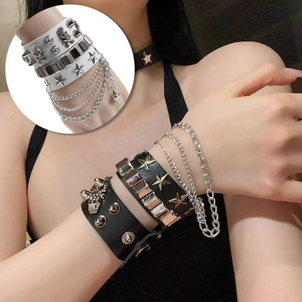2-Piece Punk Rock Bracelet Set Studded Leather Cuff Bracelets with Metal Skull Adjustable Wrap Wrist Cuffs Vintage 80s Emo Goth Jewelry Accessories for Halloween Concerts and Festival Outfit.