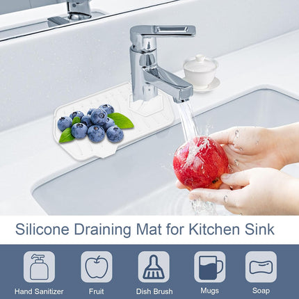 Sink Drain Mat - Unilateral Faucet Guard with 2 Drain Ports, Foldable for Kitchen & Bathroom (White).