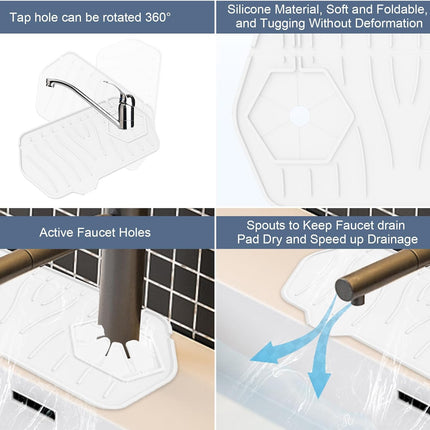 Sink Drain Mat - Unilateral Faucet Guard with 2 Drain Ports, Foldable for Kitchen & Bathroom (White).