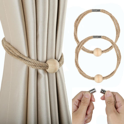 Jute Magnetic Curtain Tiebacks, Wood Bead Curtain Holdbacks for Window Drapery, Boho Farmhouse Curtain Tie Backs, Woven Curtain Ties Holder Rope Home Decor (2, Jute-1 Bead).