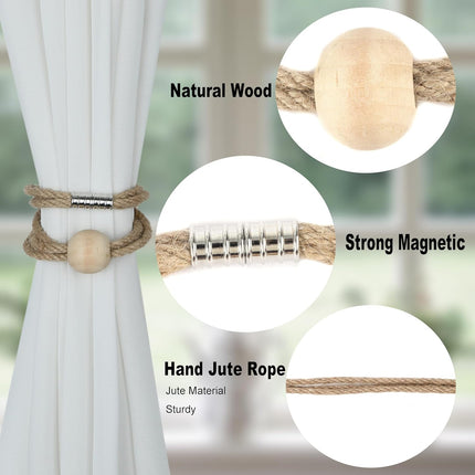Jute Magnetic Curtain Tiebacks, Wood Bead Curtain Holdbacks for Window Drapery, Boho Farmhouse Curtain Tie Backs, Woven Curtain Ties Holder Rope Home Decor (2, Jute-1 Bead).