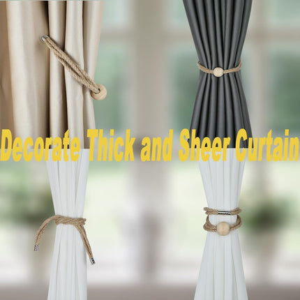 Jute Magnetic Curtain Tiebacks, Wood Bead Curtain Holdbacks for Window Drapery, Boho Farmhouse Curtain Tie Backs, Woven Curtain Ties Holder Rope Home Decor (2, Jute-1 Bead).