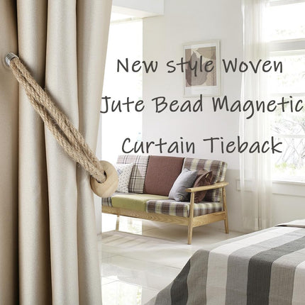 Jute Magnetic Curtain Tiebacks, Wood Bead Curtain Holdbacks for Window Drapery, Boho Farmhouse Curtain Tie Backs, Woven Curtain Ties Holder Rope Home Decor (2, Jute-1 Bead).