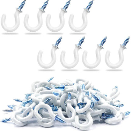 50Pcs 1/2-Inch Cup Hooks Ceiling Hooks, Plastic-Covered Metal Screw-in Hooks, White.