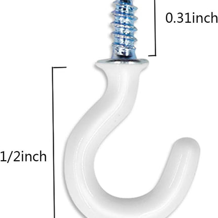 50Pcs 1/2-Inch Cup Hooks Ceiling Hooks, Plastic-Covered Metal Screw-in Hooks, White.