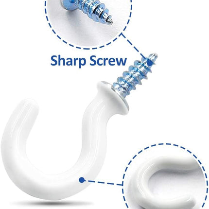 50Pcs 1/2-Inch Cup Hooks Ceiling Hooks, Plastic-Covered Metal Screw-in Hooks, White.