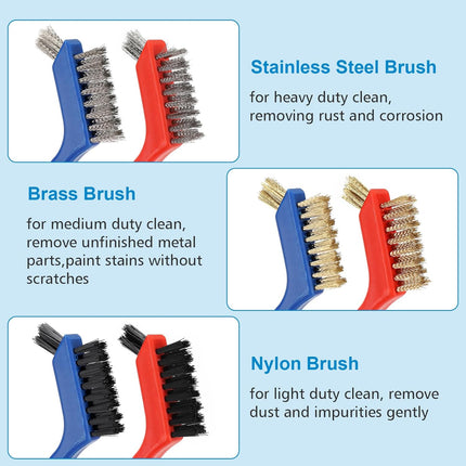 Wire Brush Set 6Pcs, Multi-Purpose Stainless Steel/ Brass/ Nylon Bristle with Curved Handle Grip for Welding Slag Cleaning, Metal Rust Scratching, Paint Scrubbing and Dirt Removal.