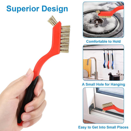 Wire Brush Set 6Pcs, Multi-Purpose Stainless Steel/ Brass/ Nylon Bristle with Curved Handle Grip for Welding Slag Cleaning, Metal Rust Scratching, Paint Scrubbing and Dirt Removal.
