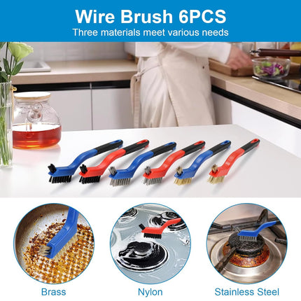 Wire Brush Set 6Pcs, Multi-Purpose Stainless Steel/ Brass/ Nylon Bristle with Curved Handle Grip for Welding Slag Cleaning, Metal Rust Scratching, Paint Scrubbing and Dirt Removal.