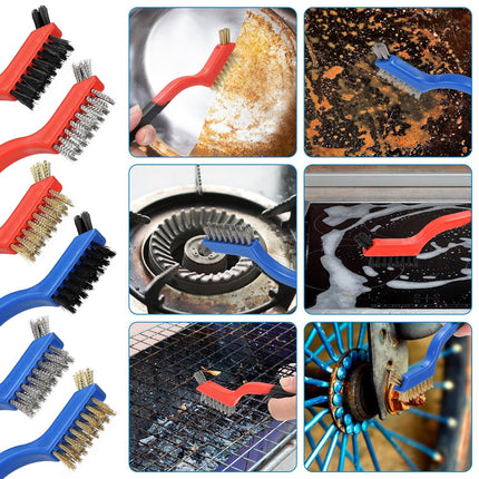Wire Brush Set 6Pcs, Multi-Purpose Stainless Steel/ Brass/ Nylon Bristle with Curved Handle Grip for Welding Slag Cleaning, Metal Rust Scratching, Paint Scrubbing and Dirt Removal.