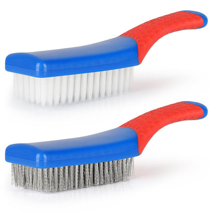 Wire Brush 2 Pack, Multi-Purpose Stainless Steel Scratch Bristle & Nylon Abrasive Brush Set for Cleaning Heavy Duty Metal Rust, Scrubbing Dirt & Paint Removal with Rubber Covered Curved Handle.