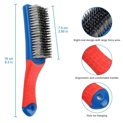 Wire Brush 2 Pack, Multi-Purpose Stainless Steel Scratch Bristle & Nylon Abrasive Brush Set for Cleaning Heavy Duty Metal Rust, Scrubbing Dirt & Paint Removal with Rubber Covered Curved Handle.