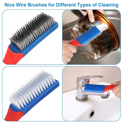 Wire Brush 2 Pack, Multi-Purpose Stainless Steel Scratch Bristle & Nylon Abrasive Brush Set for Cleaning Heavy Duty Metal Rust, Scrubbing Dirt & Paint Removal with Rubber Covered Curved Handle.