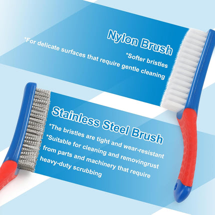 Wire Brush 2 Pack, Multi-Purpose Stainless Steel Scratch Bristle & Nylon Abrasive Brush Set for Cleaning Heavy Duty Metal Rust, Scrubbing Dirt & Paint Removal with Rubber Covered Curved Handle.