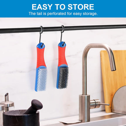 Wire Brush 2 Pack, Multi-Purpose Stainless Steel Scratch Bristle & Nylon Abrasive Brush Set for Cleaning Heavy Duty Metal Rust, Scrubbing Dirt & Paint Removal with Rubber Covered Curved Handle.