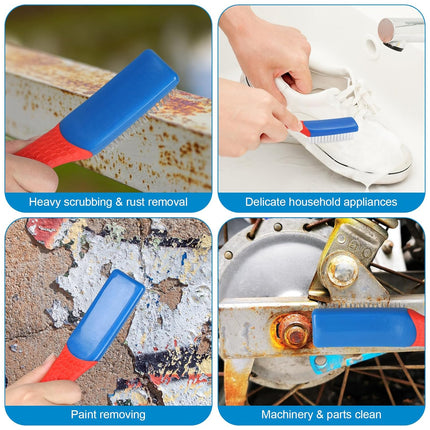 Wire Brush 2 Pack, Multi-Purpose Stainless Steel Scratch Bristle & Nylon Abrasive Brush Set for Cleaning Heavy Duty Metal Rust, Scrubbing Dirt & Paint Removal with Rubber Covered Curved Handle.