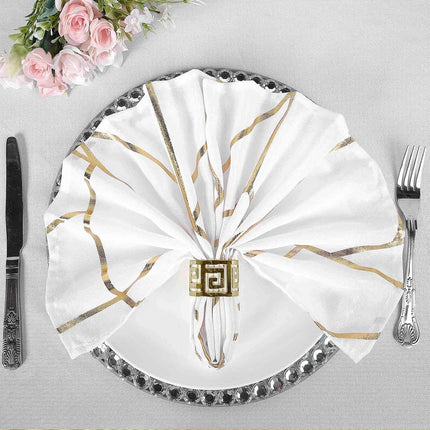 Efavormart 5 Pack | 20"x20" Modern White Polyester Linen Dinner Napkins with Gold Foil Geometric Pattern.