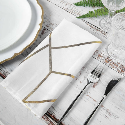 Efavormart 5 Pack | 20"x20" Modern White Polyester Linen Dinner Napkins with Gold Foil Geometric Pattern.