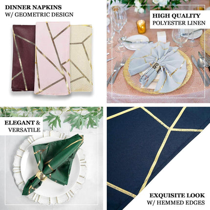 Efavormart 5 Pack | 20"x20" Modern White Polyester Linen Dinner Napkins with Gold Foil Geometric Pattern.
