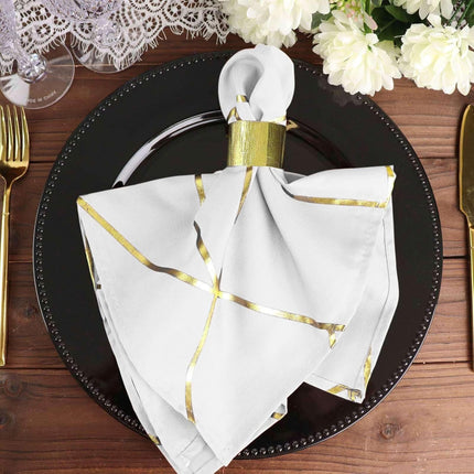Efavormart 5 Pack | 20"x20" Modern White Polyester Linen Dinner Napkins with Gold Foil Geometric Pattern.