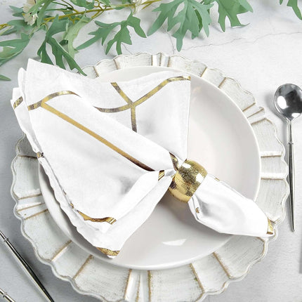 Efavormart 5 Pack | 20"x20" Modern White Polyester Linen Dinner Napkins with Gold Foil Geometric Pattern.