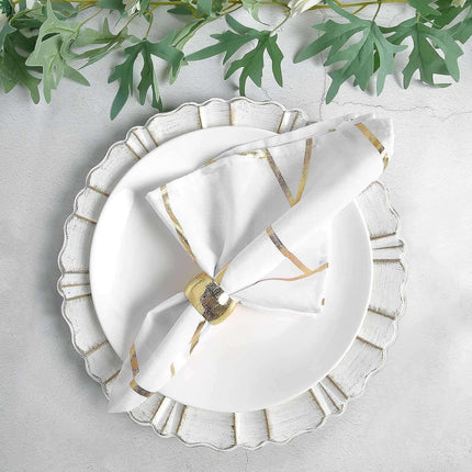 Efavormart 5 Pack | 20"x20" Modern White Polyester Linen Dinner Napkins with Gold Foil Geometric Pattern.