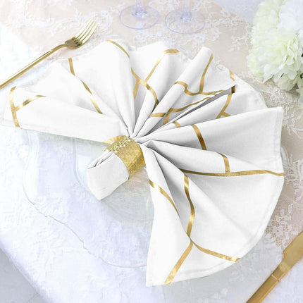 Efavormart 5 Pack | 20"x20" Modern White Polyester Linen Dinner Napkins with Gold Foil Geometric Pattern.
