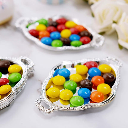 Efavormart 12 Pack - 4.5" Silver Oval Mini Candy Display Tray Favors - Baroque Design for Wedding, Bridal Shower, Baby shower, Birthday, Candy Jars Decorations.