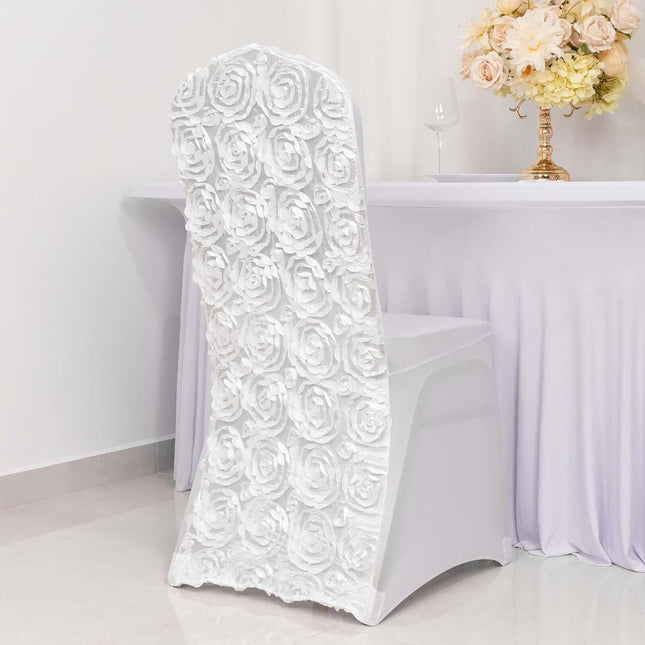 Efavormart Satin Rosette White Stretch Banquet Spandex Chair Cover Dinning Event Slipcover for Wedding Party Banquet Catering.