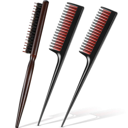 3 Pcs Hair Teasing Comb Set Includes 2 Nylon Triple Comb and Boar Bristle Teaser Brushes for Women Stylist Men Backcombing Slicking Curly Thick Wet Hair(Black).