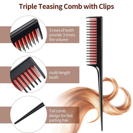 3 Pcs Hair Teasing Comb Set Includes 2 Nylon Triple Comb and Boar Bristle Teaser Brushes for Women Stylist Men Backcombing Slicking Curly Thick Wet Hair(Black).