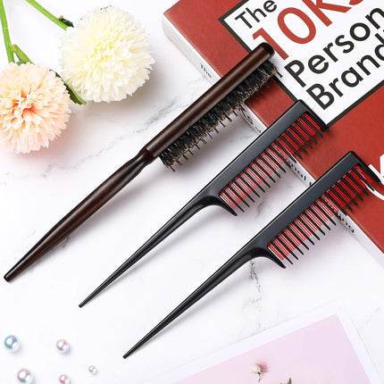 3 Pcs Hair Teasing Comb Set Includes 2 Nylon Triple Comb and Boar Bristle Teaser Brushes for Women Stylist Men Backcombing Slicking Curly Thick Wet Hair(Black).