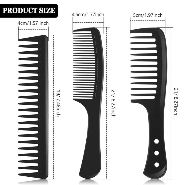 3 Pieces Wide Tooth Detangling Hair Comb Styling Set, Carbon Fiber Styling Cutting Comb Anti Static Heat Resistant for Women Curly Straight Long Hair, Black.
