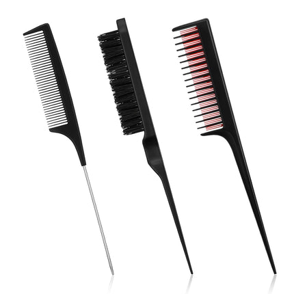 3 Pieces Hair Styling Comb Set for Women's Back Combing - Teasing/Fluffy Brush, Rat Tail Comb, and Triple Combing Comb (Black).