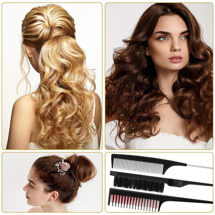 3 Pieces Hair Styling Comb Set for Women's Back Combing - Teasing/Fluffy Brush, Rat Tail Comb, and Triple Combing Comb (Black).