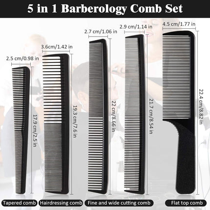 5 Pieces Hair Cutting Comb Barber Hair Styling Combs Fine Teeth Carbon Hairbrush Set Anti Static Heat Resistant Hairdressing Tapered Hairbrush for Men Women.