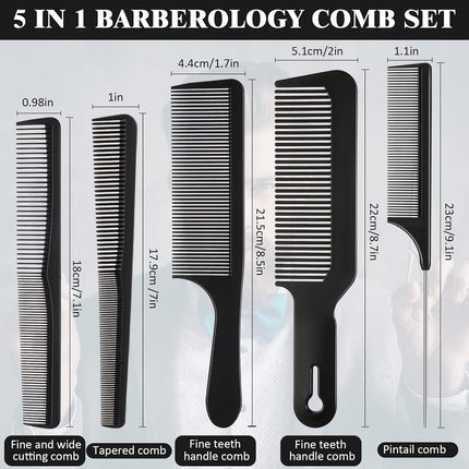 5 Pieces Hair Cutting Comb Set, Carbon Fiber Barber Comb Hair Styling Combs Fine Teeth Anti Static Heat Resistant Hairdressing Tapered Comb for Men Women.