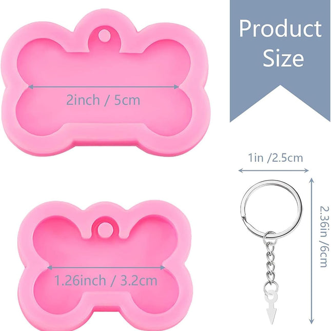 6 Pcs Silicone Dog Tags Mold 2.5'' 2'' Resin Keychain Molds Dog Bone Tag Keychain with 10 Pcs Key Ring Kit Pink Epoxy Clay Mold for DIY Pet Tag Pendant Homemade Crafts Resin Casting.