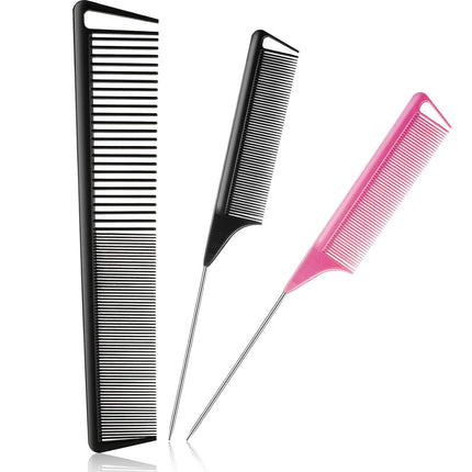 3 Pcs Rat Tail Parting Comb for Braids Carbon Fiber Stainless Steel Pintail Teasing Combs Heat Resistant with Wide Tooth for Men and Women, Hair Stylist, Salon Hairdressing Hair Care Tools.