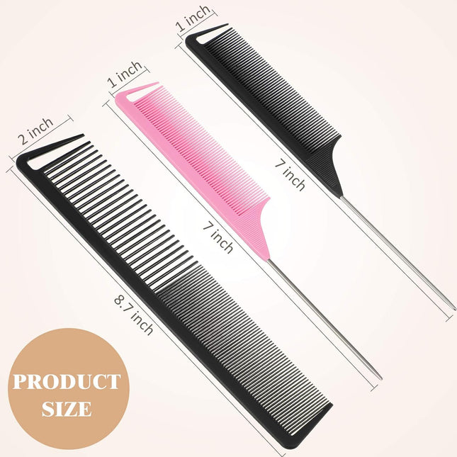 3 Pcs Rat Tail Parting Comb for Braids Carbon Fiber Stainless Steel Pintail Teasing Combs Heat Resistant with Wide Tooth for Men and Women, Hair Stylist, Salon Hairdressing Hair Care Tools.