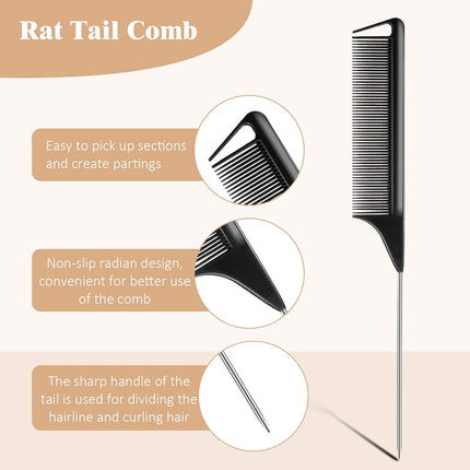 3 Pcs Rat Tail Parting Comb for Braids Carbon Fiber Stainless Steel Pintail Teasing Combs Heat Resistant with Wide Tooth for Men and Women, Hair Stylist, Salon Hairdressing Hair Care Tools.