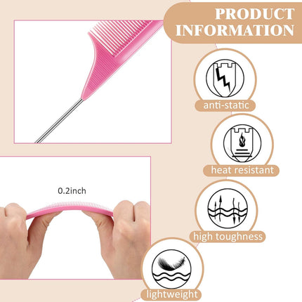 3 Pcs Rat Tail Parting Comb for Braids Carbon Fiber Stainless Steel Pintail Teasing Combs Heat Resistant with Wide Tooth for Men and Women, Hair Stylist, Salon Hairdressing Hair Care Tools.