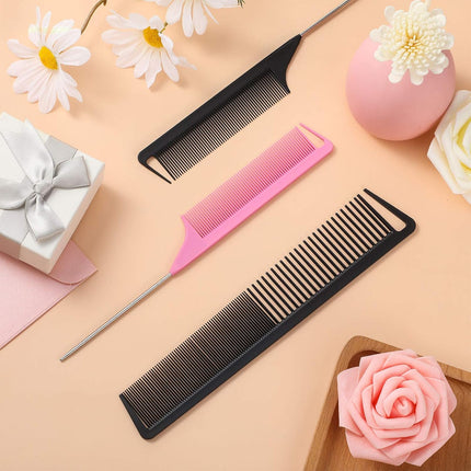3 Pcs Rat Tail Parting Comb for Braids Carbon Fiber Stainless Steel Pintail Teasing Combs Heat Resistant with Wide Tooth for Men and Women, Hair Stylist, Salon Hairdressing Hair Care Tools.